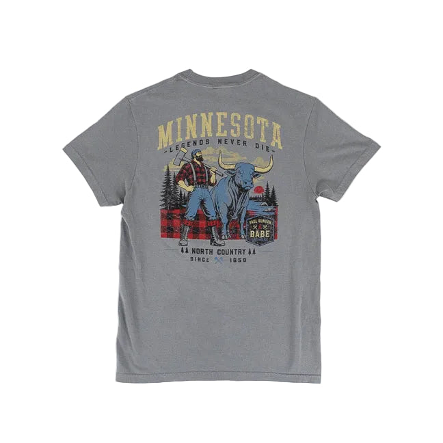 A heather gray short-sleeve t-shirt shown from the back, featuring a large vintage-style graphic print of Paul Bunyan, Babe the Blue Ox, and 'MINNESOTA LEGENDS NEVER DIE' text on a white background.