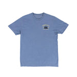 A heathered blue crewneck t-shirt with a small graphic on the left chest reading 'MINNESOTA 1858' and 'NORTH COUNTRY' above and below a pine tree silhouette, shown flat on a white background.