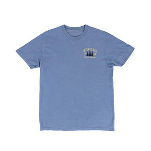 A heathered blue crewneck t-shirt with a small graphic on the left chest reading 'MINNESOTA 1858' and 'NORTH COUNTRY' above and below a pine tree silhouette, shown flat on a white background.