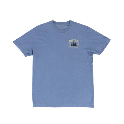 A heathered blue crewneck t-shirt with a small graphic on the left chest reading 'MINNESOTA 1858' and 'NORTH COUNTRY' above and below a pine tree silhouette, shown flat on a white background.