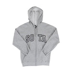 A sport gray zip-up hoodie with a black and white outlined 'SOTA' graphic across the chest, laid flat against a white background.