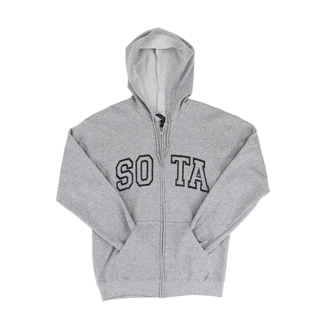 A sport gray zip-up hoodie with a black and white outlined 'SOTA' graphic across the chest, laid flat against a white background.