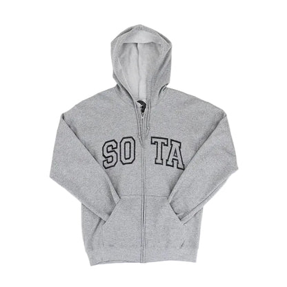 A sport gray zip-up hoodie with a black and white outlined 'SOTA' graphic across the chest, laid flat against a white background.