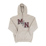 A beige pullover hoodie with a front graphic reading 'MN 1858' in red, black, and white, laid flat against a white background.