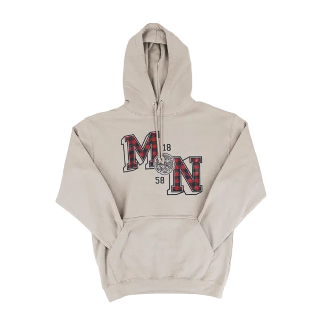 A beige pullover hoodie with a front graphic reading 'MN 1858' in red, black, and white, laid flat against a white background.