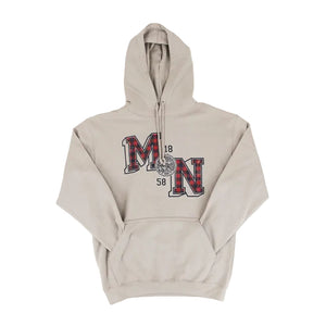 A beige pullover hoodie with a front graphic reading 'MN 1858' in red, black, and white, laid flat against a white background.