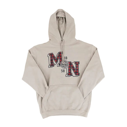A beige pullover hoodie with a front graphic reading 'MN 1858' in red, black, and white, laid flat against a white background.