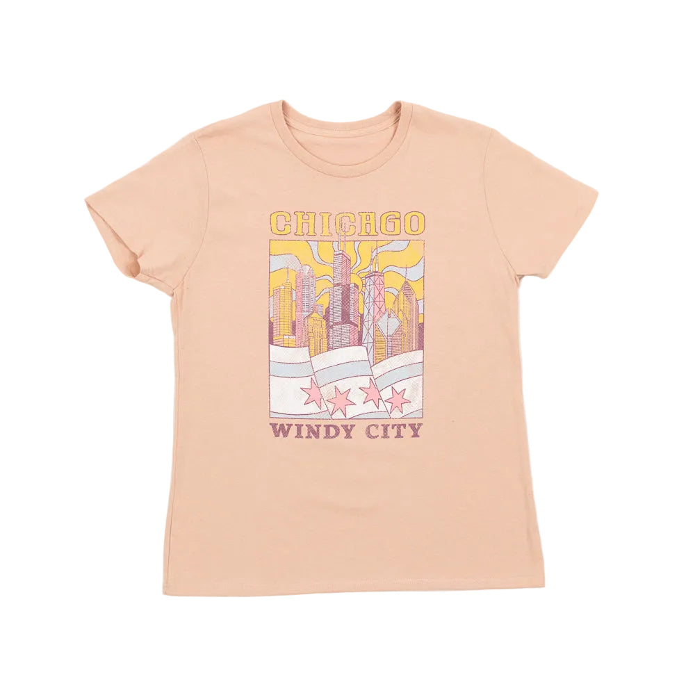 Dusty Rose-colored t-shirt with 'Chicago Windy City' graphic design on a white background