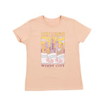 Dusty Rose-colored t-shirt with 'Chicago Windy City' graphic design on a white background
