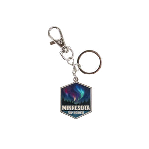 Keychain with Northern Lights design and 'Minnesota Up North' text on a white background