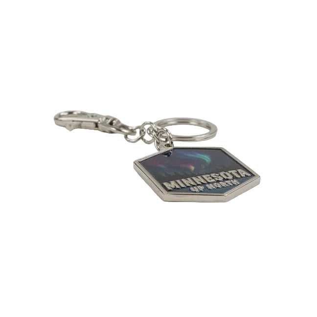 Keychain with 'MINNESOTA UP NORTH' tag on a white background