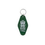 Green keychain with Route 66 design on a white background