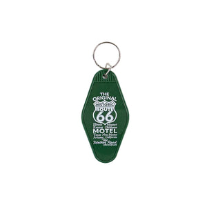 Green keychain with Route 66 design on a white background