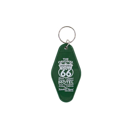 Green keychain with Route 66 design on a white background