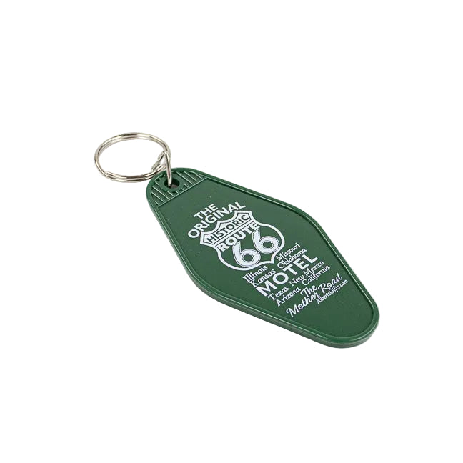 Green keychain with Route 66 design on a white background