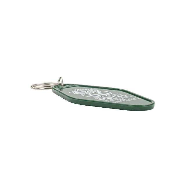 Green keychain with a Route 66 design on a white background