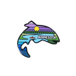 Colorful Minnesota-themed magnet in the shape of a fish with landscape design on a white background