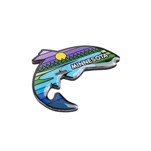 Colorful Minnesota-themed magnet in the shape of a fish with landscape design on a white background