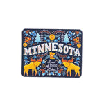 Decorative magnet with 'Minnesota' text and moose design on a white background