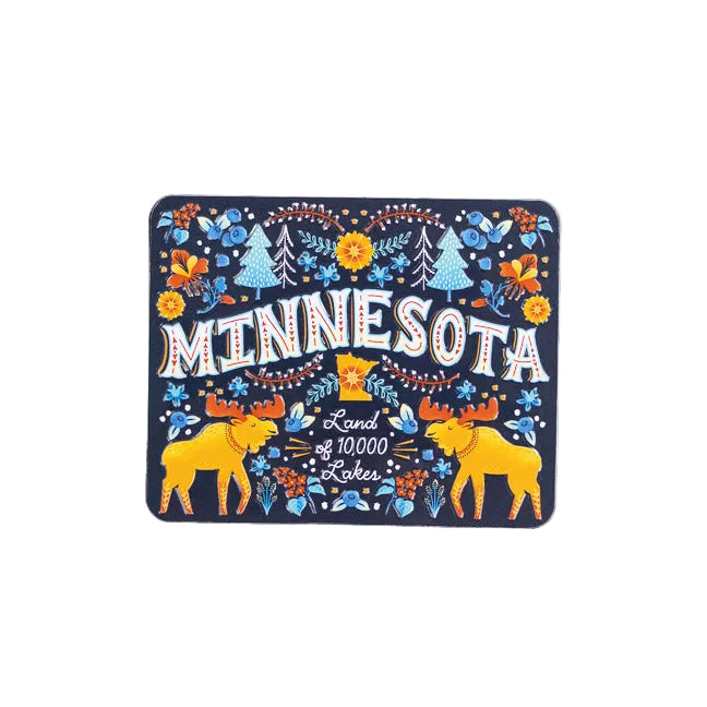 Decorative magnet with 'Minnesota' text and moose design on a white background