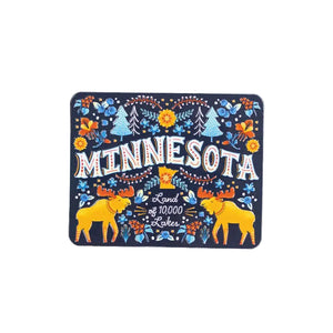 Decorative magnet with 'Minnesota' text and moose design on a white background