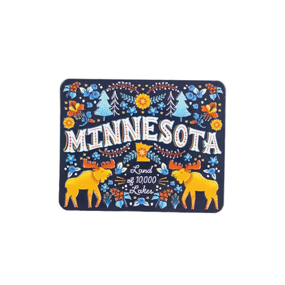 Decorative magnet with 'Minnesota' text and moose design on a white background