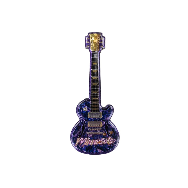 Purple electric guitar-shaped object with 'Minnesota' text on a white background