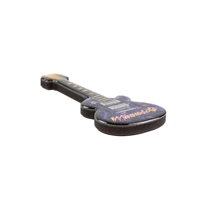 Guitar-shaped magnet with Minnesota text on a white background.