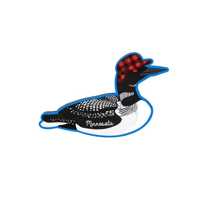 Loon bird-shaped magnet with a red and black checkered hat on a white background
