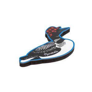 Loon bird-shaped magnet with a red and black checkered hat on a white background