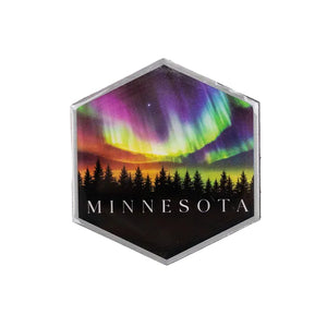 Hexagonal magnet with Northern Lights and 'Minnesota' text on a white background