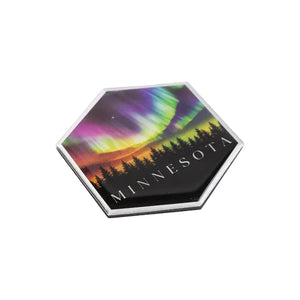 Hexagonal magnet with Northern Lights and 'Minnesota' text on a white background