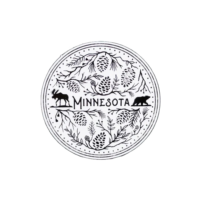 Round magnet with 'Minnesota' text and nature elements on a white background