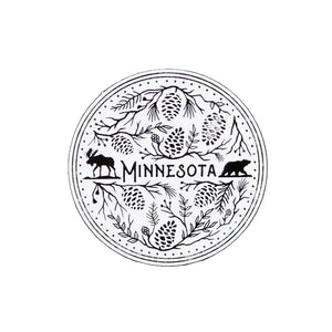 Round magnet with 'Minnesota' text and nature elements on a white background