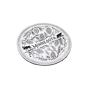 Round magnet with 'Minnesota' text and nature elements on a white background