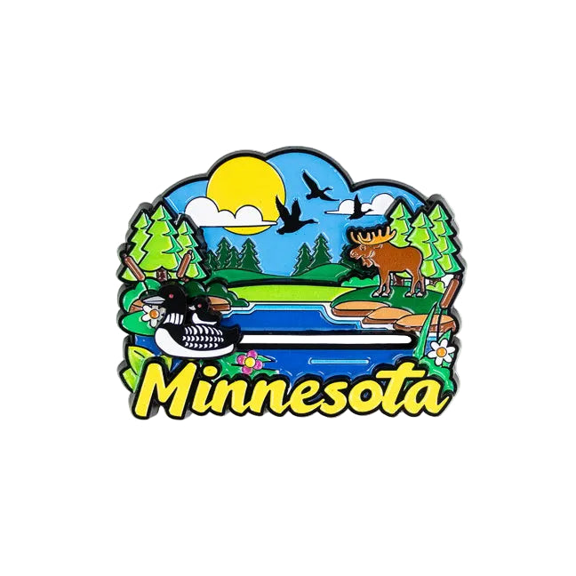 Minnesota-themed magnet with nature elements and 'Minnesota' text on a white background