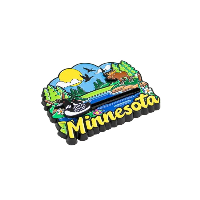 Colorful Minnesota-themed magnet with nature scenes on a white background