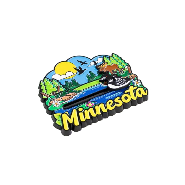 Colorful Minnesota-themed magnet with nature scenes and text on a white background