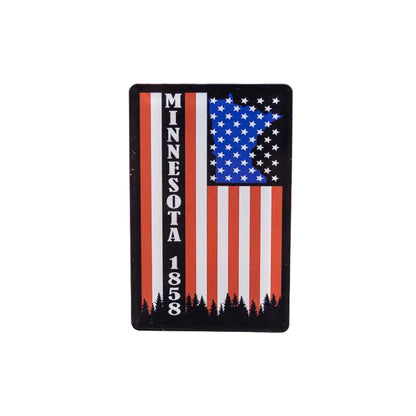 Fridge magnet with American flag design and 'Minnesota 1858' text on a white background