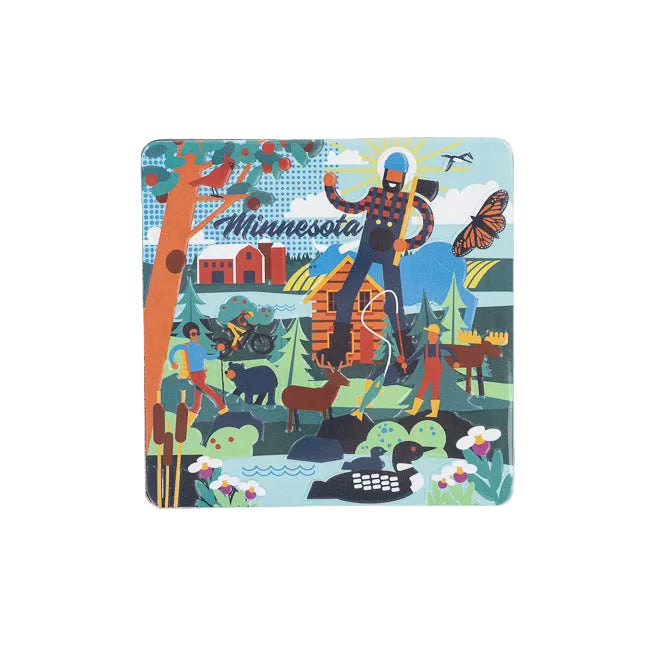 Colorful illustration of Minnesota with a person, animals, and landscapes on a white background