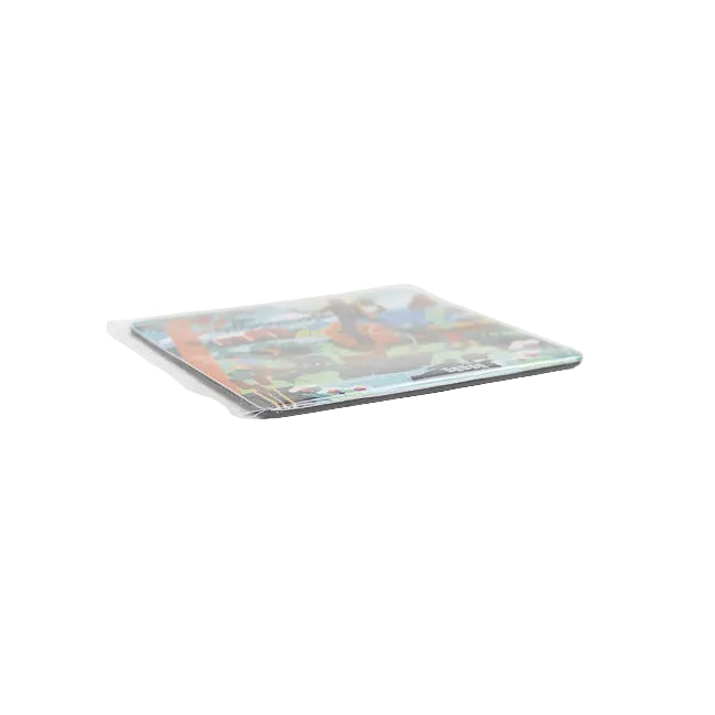 A square magnet with a colorful design on a white background