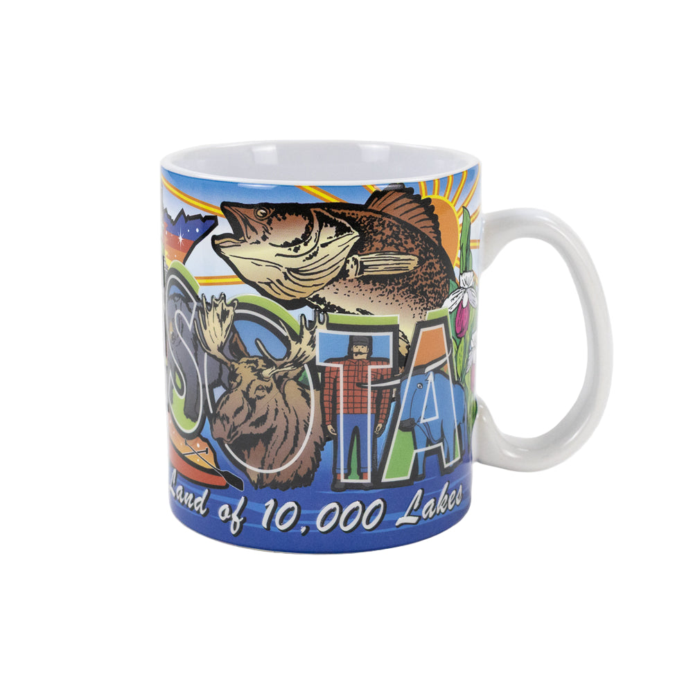 A mug featuring a bright and colorful Minnesota scene with the words Minnesota wrapping around the mug. The mug is set against a white background.