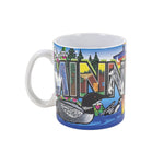 A mug featuring a bright and colorful Minnesota scene with the words Minnesota wrapping around the mug. The mug is set against a white background.