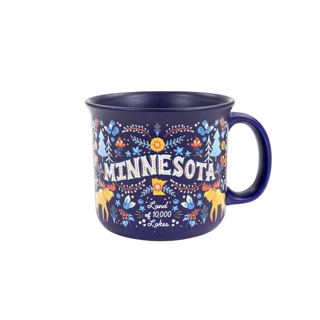 Navy blue mug with colorful 'Minnesota' design on a white background
