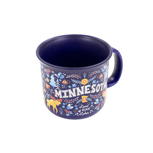 Navy blue mug with colorful 'Minnesota' design on a white background