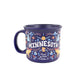 Navy blue mug with colorful 'Minnesota' design on a white background