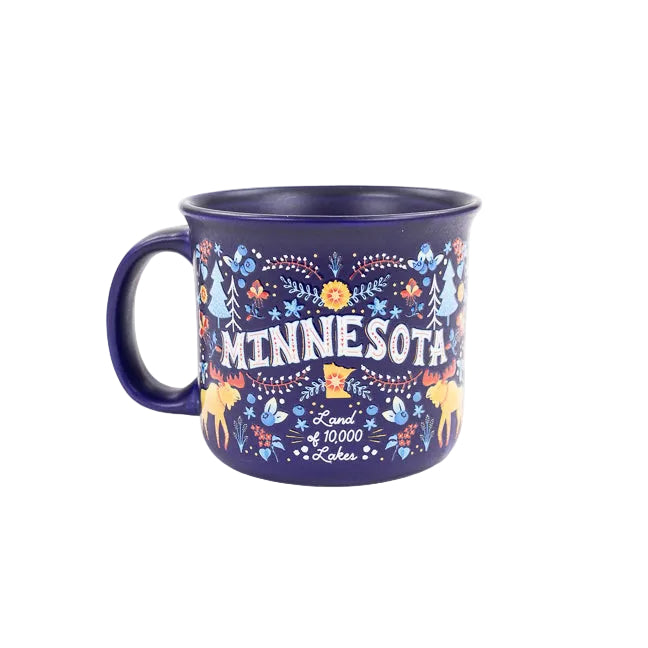Navy blue mug with colorful 'Minnesota' design on a white background