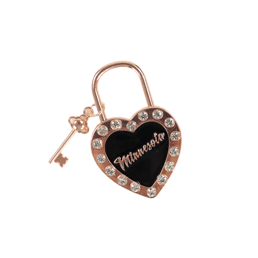 Heart-shaped lock charm magnet with 'Minnesota' on a white background