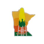 Fridge magnet shaped like the state of Minnesota with a colorful design, large ear of corn water tower, and 'Rochester' text on a white background.