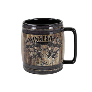 Mug with wooden design and 'Minnesota' text on a white background